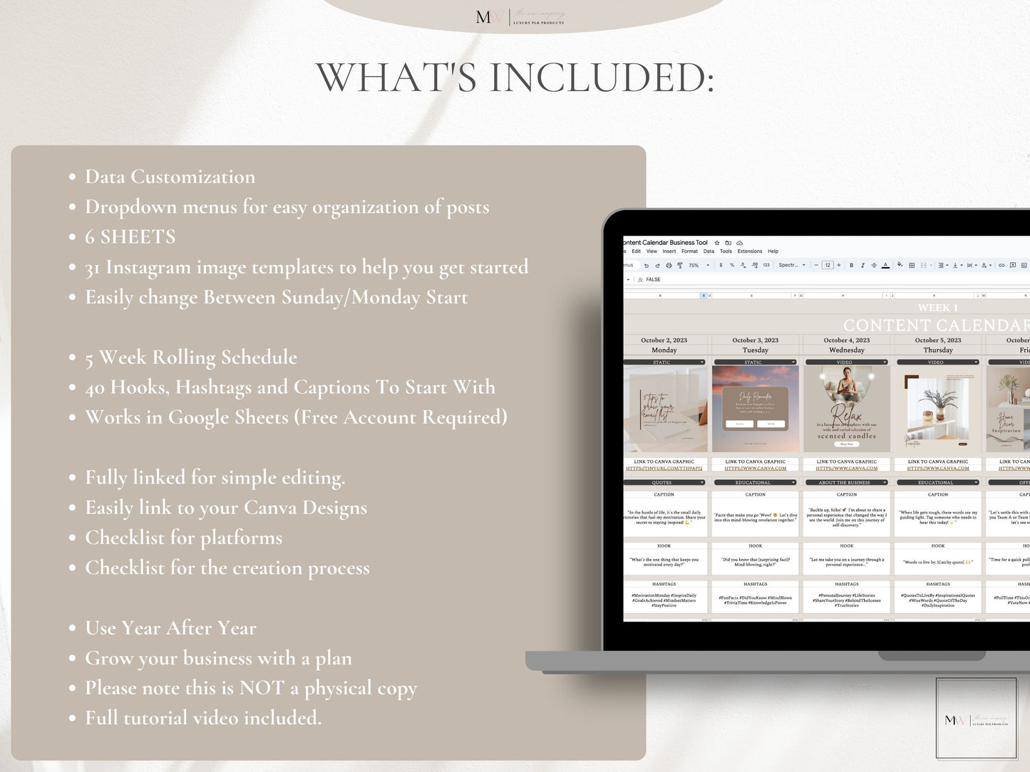 Social Media Content Calendar & Planner Template, Google Sheets Spreadsheet - PLR - MRR