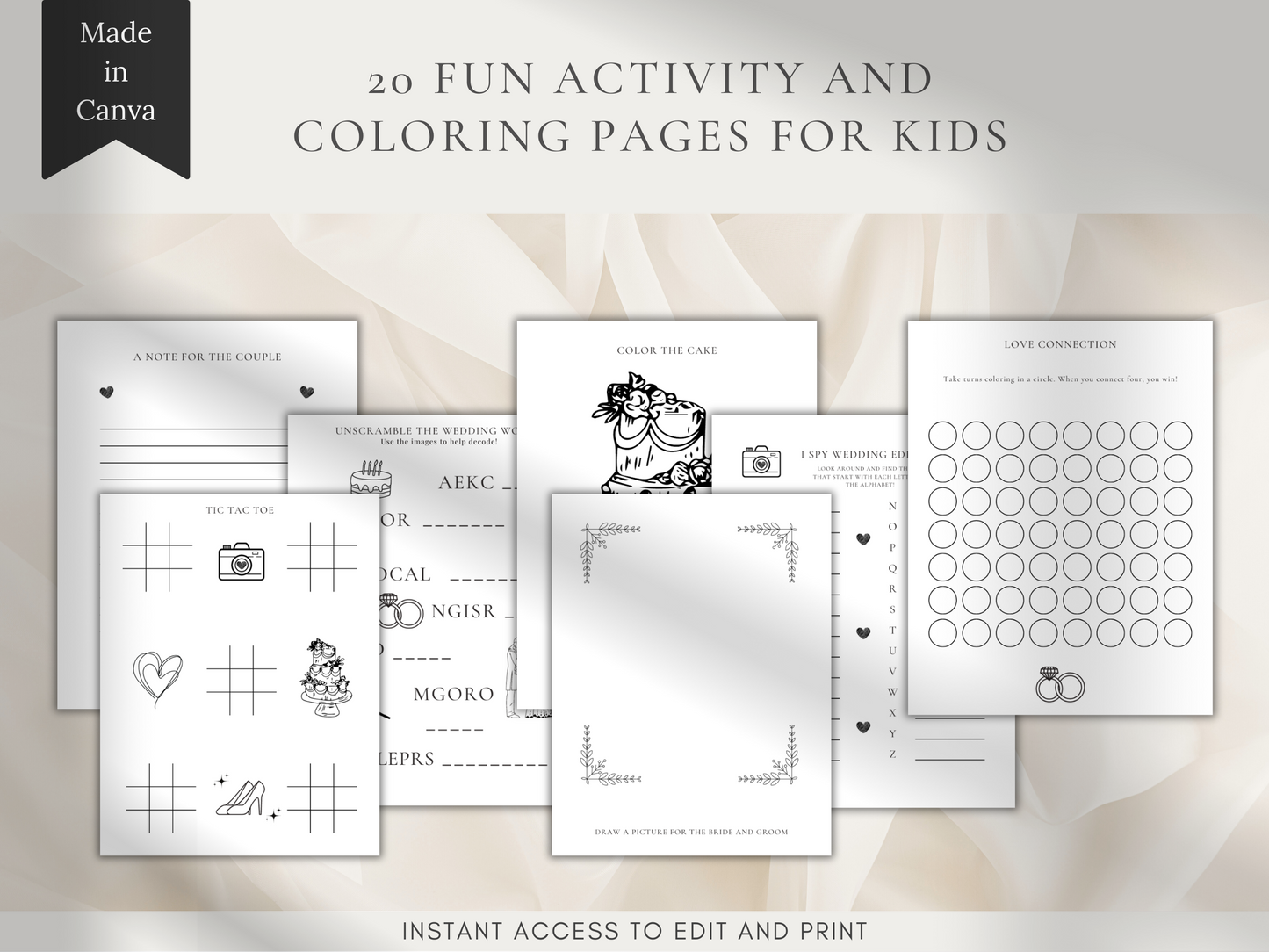 Personalized Wedding Coloring and Activity Book For Kids, Printable, Minimalist PLR