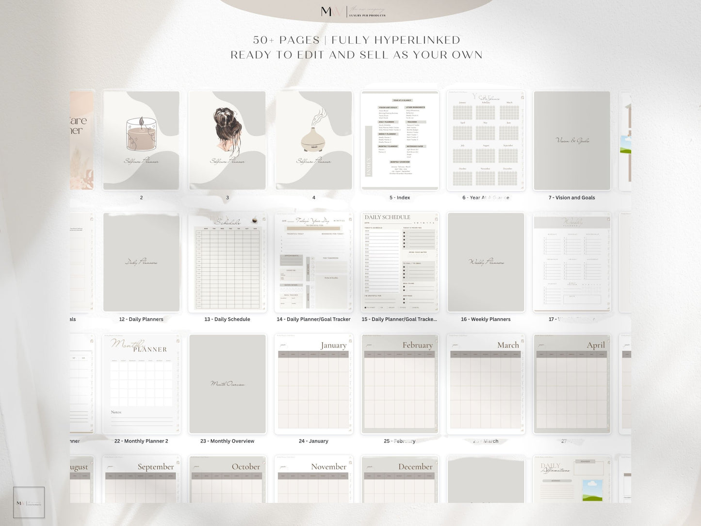 This shows a sample of the pages that come with the planner. it says there are over 50 pages. The colors are boho neutral.