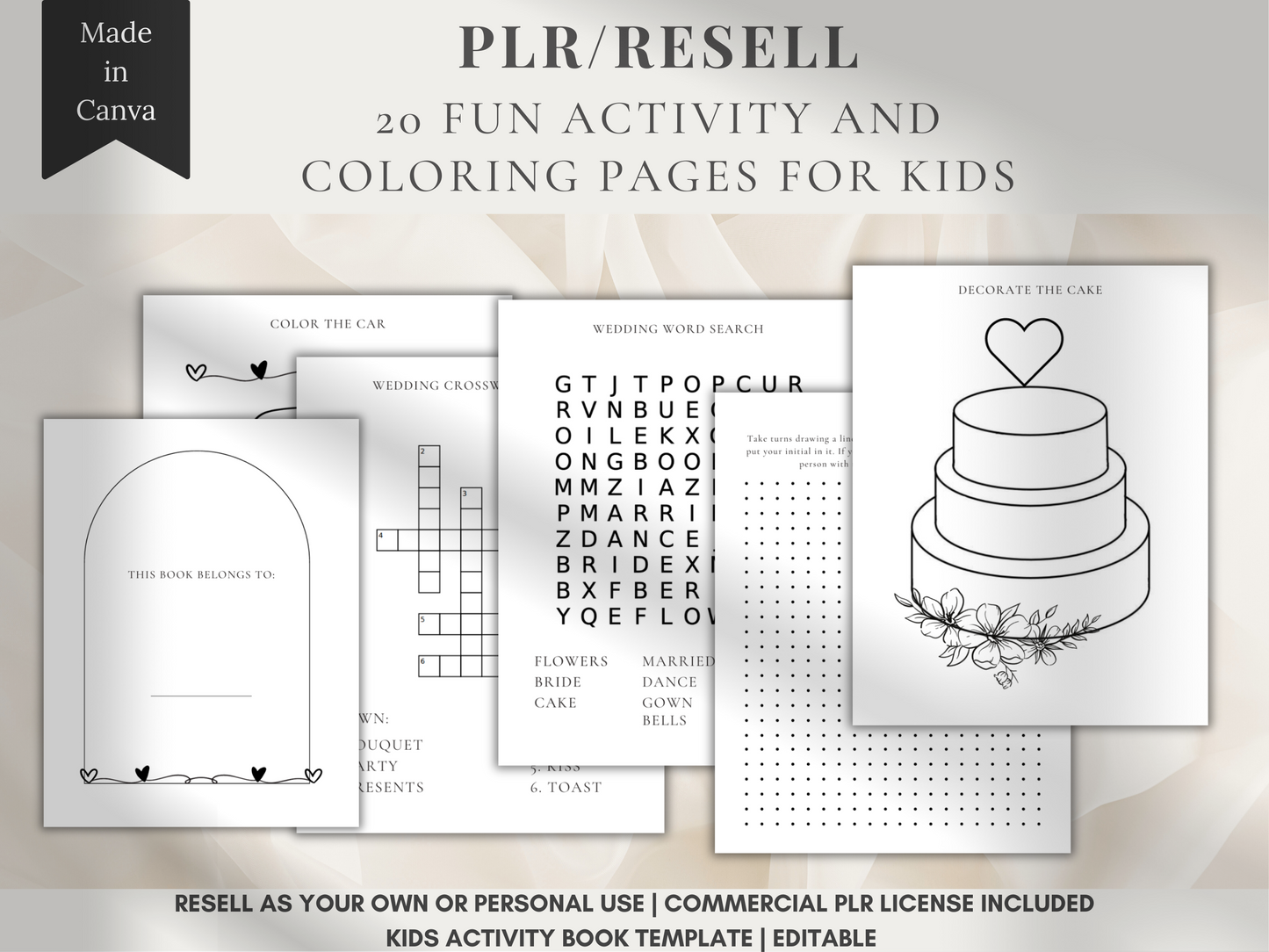 Personalized Wedding Coloring and Activity Book For Kids, Printable, Minimalist PLR