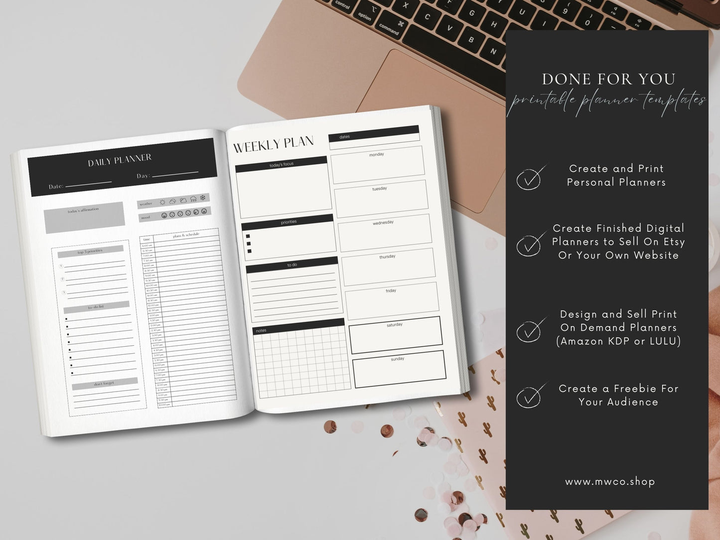 Minimalist PLR Printables, Daily, Weekly, Monthly Planner Pages, Commercial Use Resell Rights, Black and Cream Digital Planner Pages