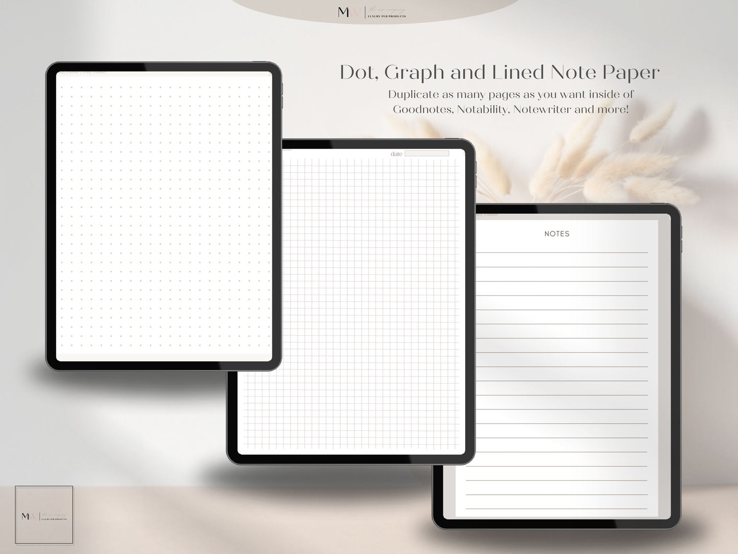 This page shows the note pages that are included with the digital planner thatcan be used in goodnotes.