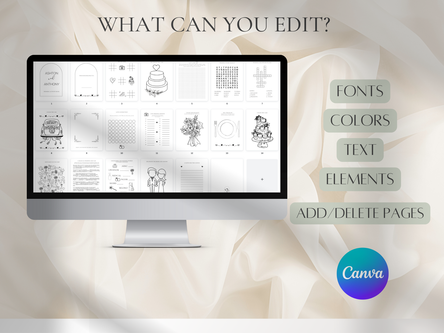 Personalized Wedding Coloring and Activity Book For Kids, Printable, Minimalist PLR