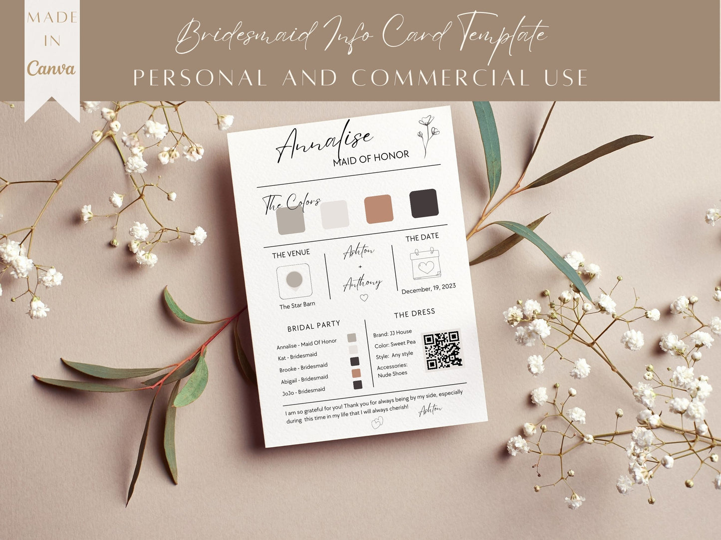 Bridesmaid Info Card Template PLR