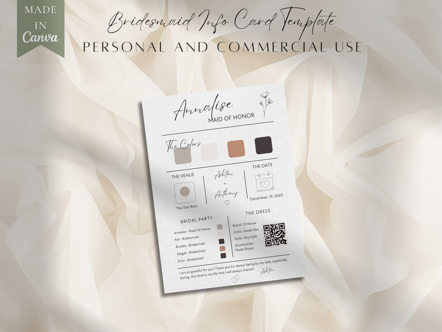 Bridesmaid Info Card Template PLR