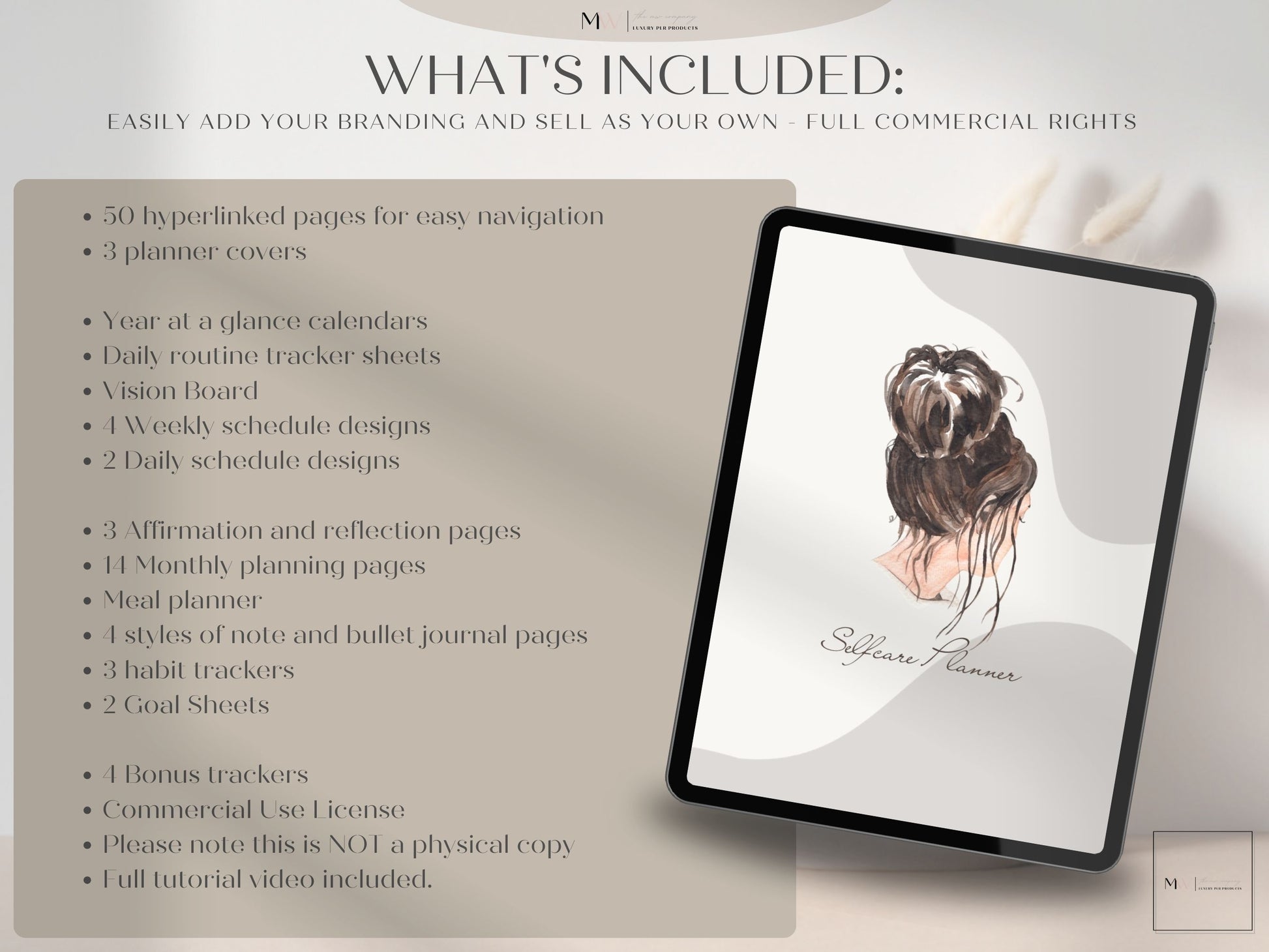 This picture shows the cover of the that girl planner and tells everything that comes with this PLR digital journal. 50 hyperlinked pages. 4 Planner covers. Year at a glance. Vision board. weekly and daily schedules, affirmation and reflection pages