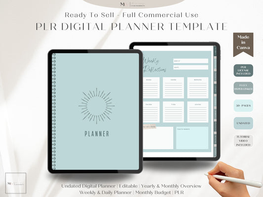 A picture of a plr digital planner that is retro blue with a sunburst on it. The colors are shades of blue an aesthetic. It says that the product is for commercial use and is undated with yearly, monthly, weekly & daily planners plus a monthly budget