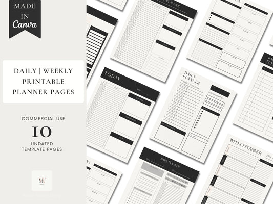 Minimalist PLR Printables, Daily, Weekly, Monthly Planner Pages, Commercial Use Resell Rights, Black and Cream Digital Planner Pages