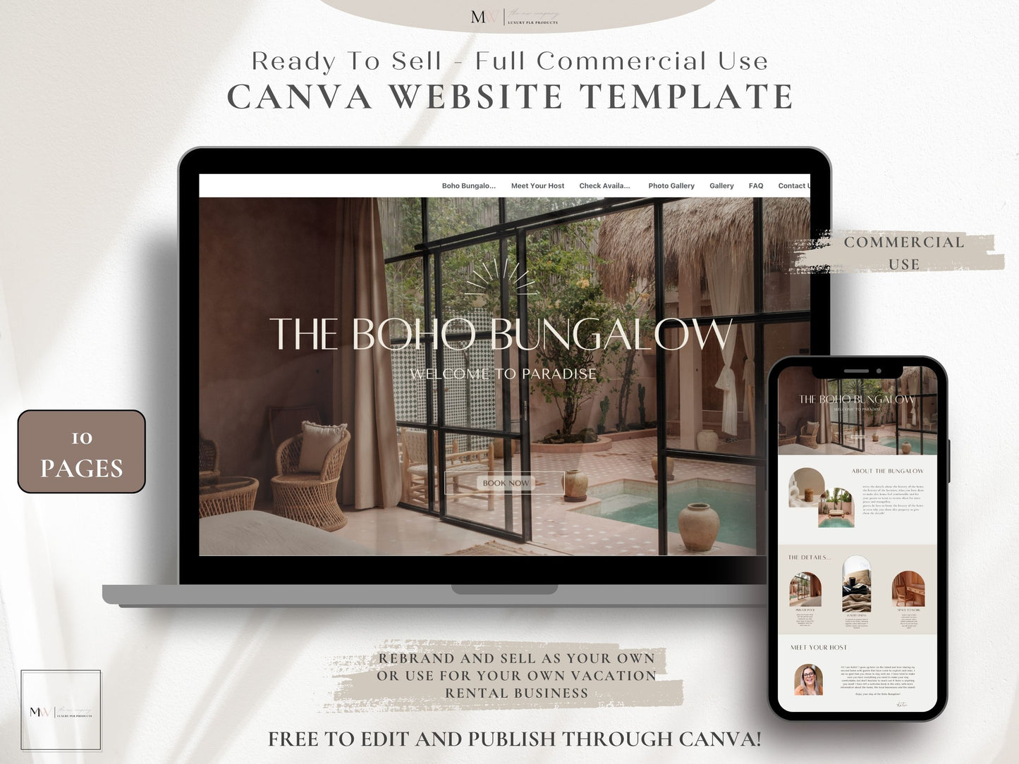 A laptop displaying a Canva website template for vacation rental businesses. It has a boho aesthetic.