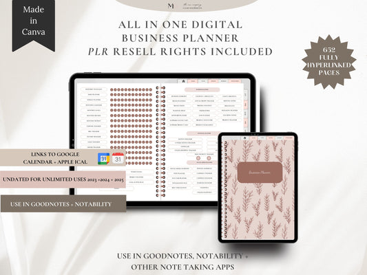 A picture of the ultimate digital business planner with plr resell rights. It says that it has 652 hyperlinked pages. It also says that it links to google and apple calendars. It states that it is undated and works in goodnotes and notability. The cover is a pink boho style and the images are shown on an ipad