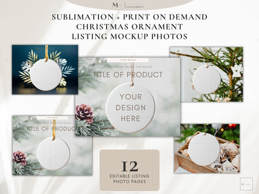 sublimation or print on demand christmas ornament mockup photos for etsy lisitng. PLR liscense included. Boho 