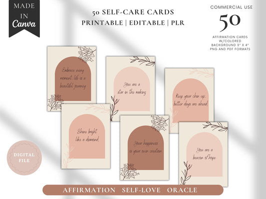 a picutre of 6 of the 50 affirmation cards available in this bundle. They are a cute boho style with pale pinks, creams and tans.
