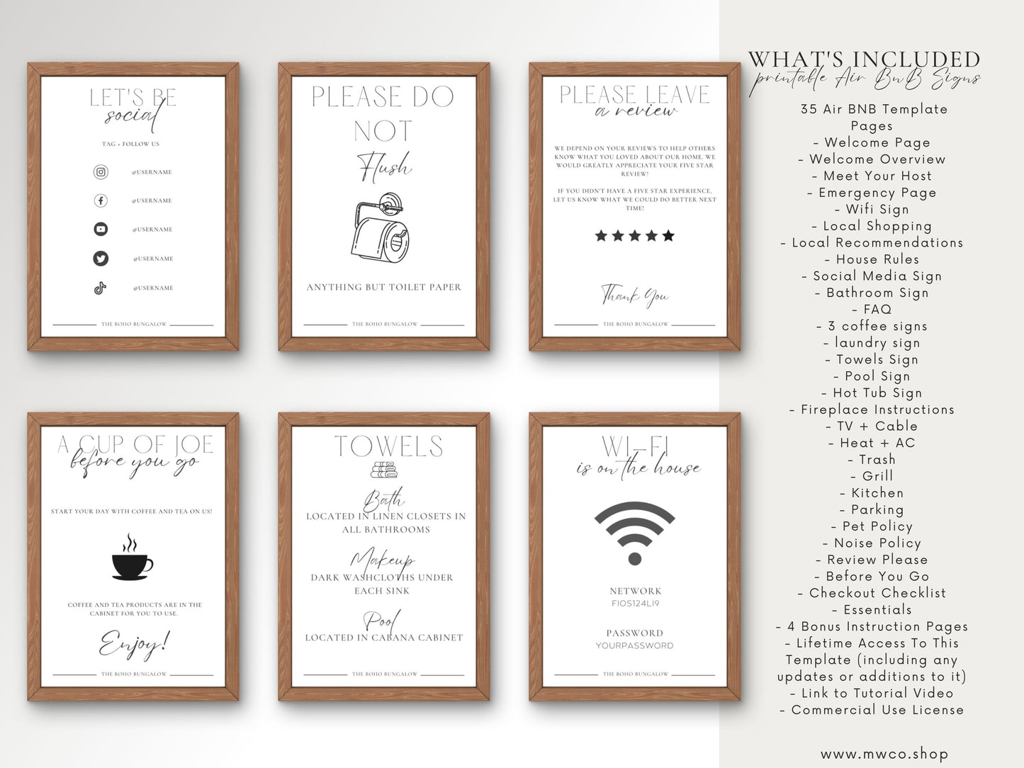 printable air bnb welcome sign, wifi sign, editable canva template