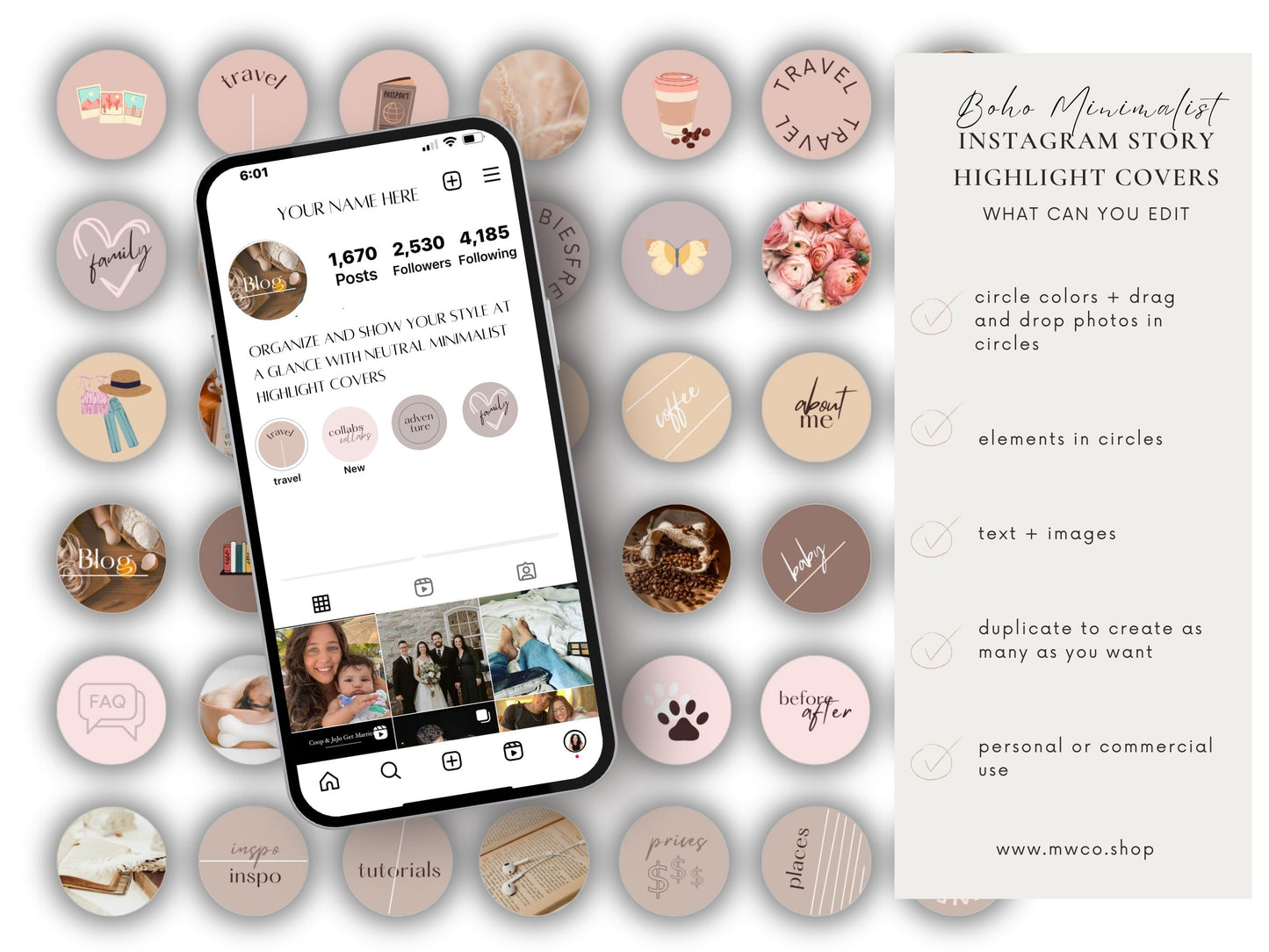 50 Boho Minimalist Instagram Highlight Icons PLR | Nude Story Instagram Canva Template| Neutral Instagram Highlight Covers| Commercial Use