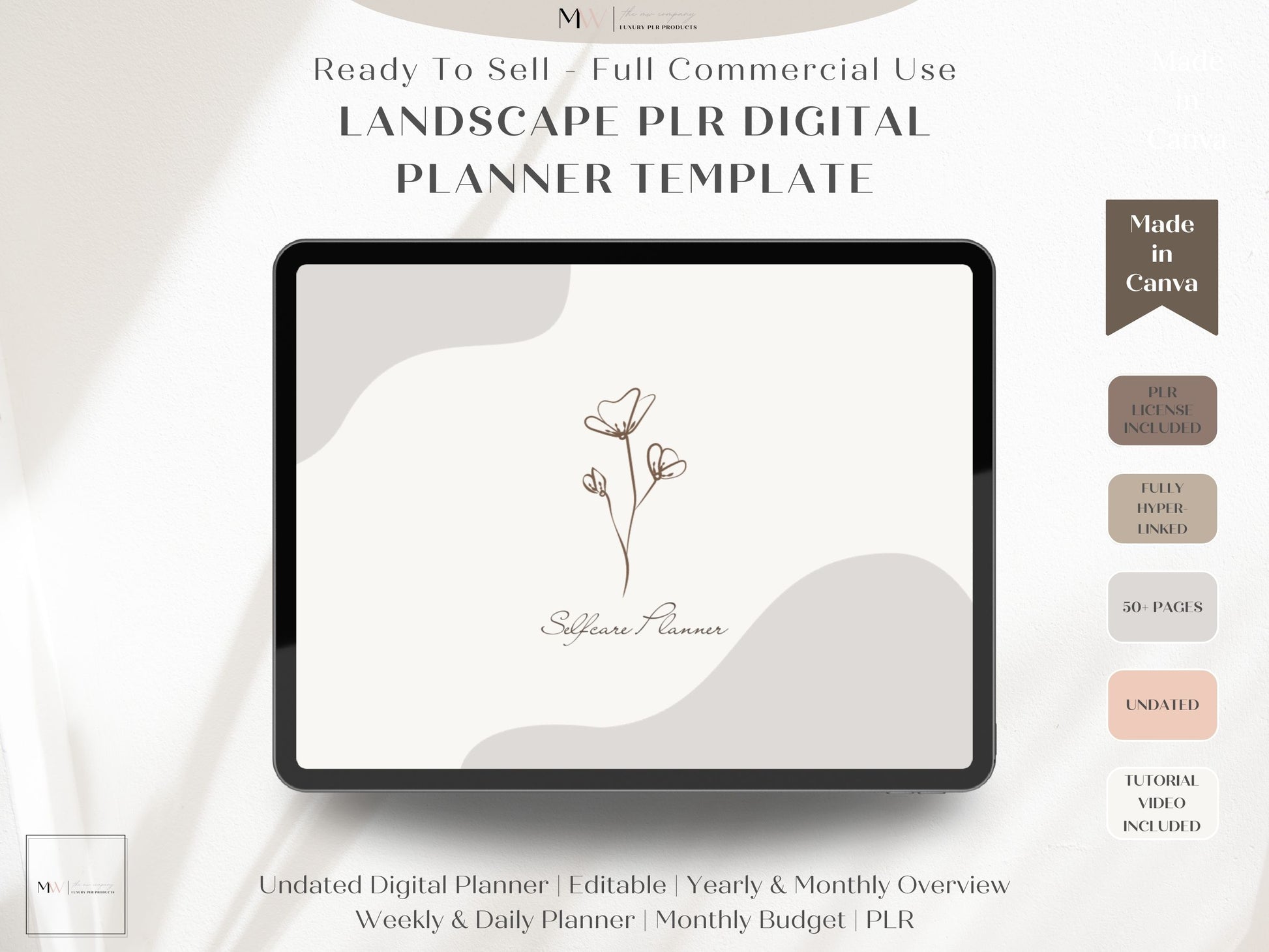 boho neutral tones digital self care planner show on an ipad using goodnotes. Made in canva.