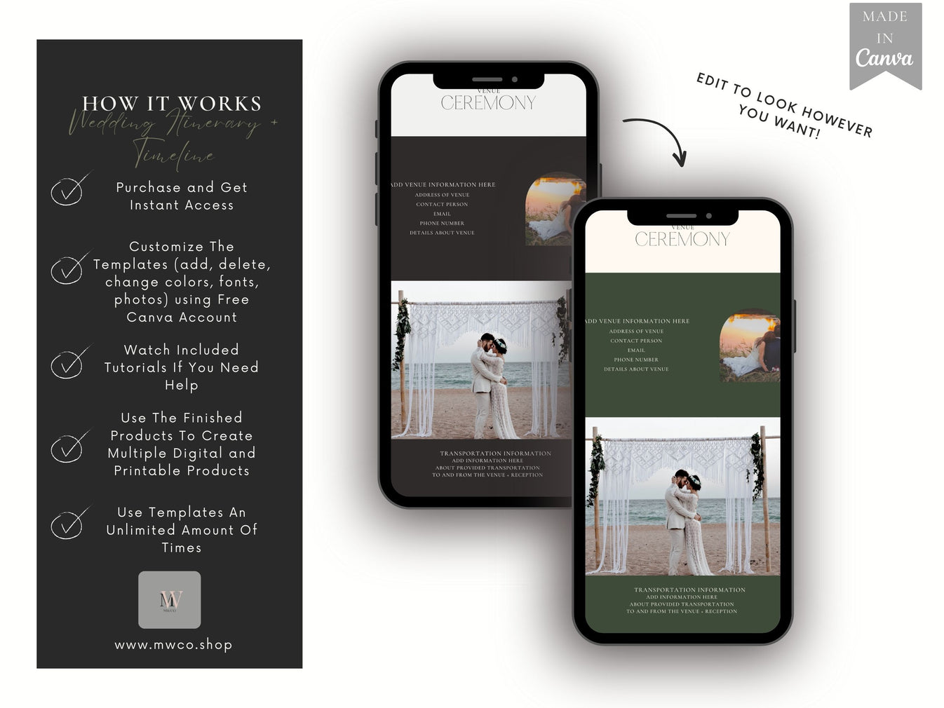 Mobile Wedding Itinerary + Timeline PLR Template | Wedding Weekend Pla ...