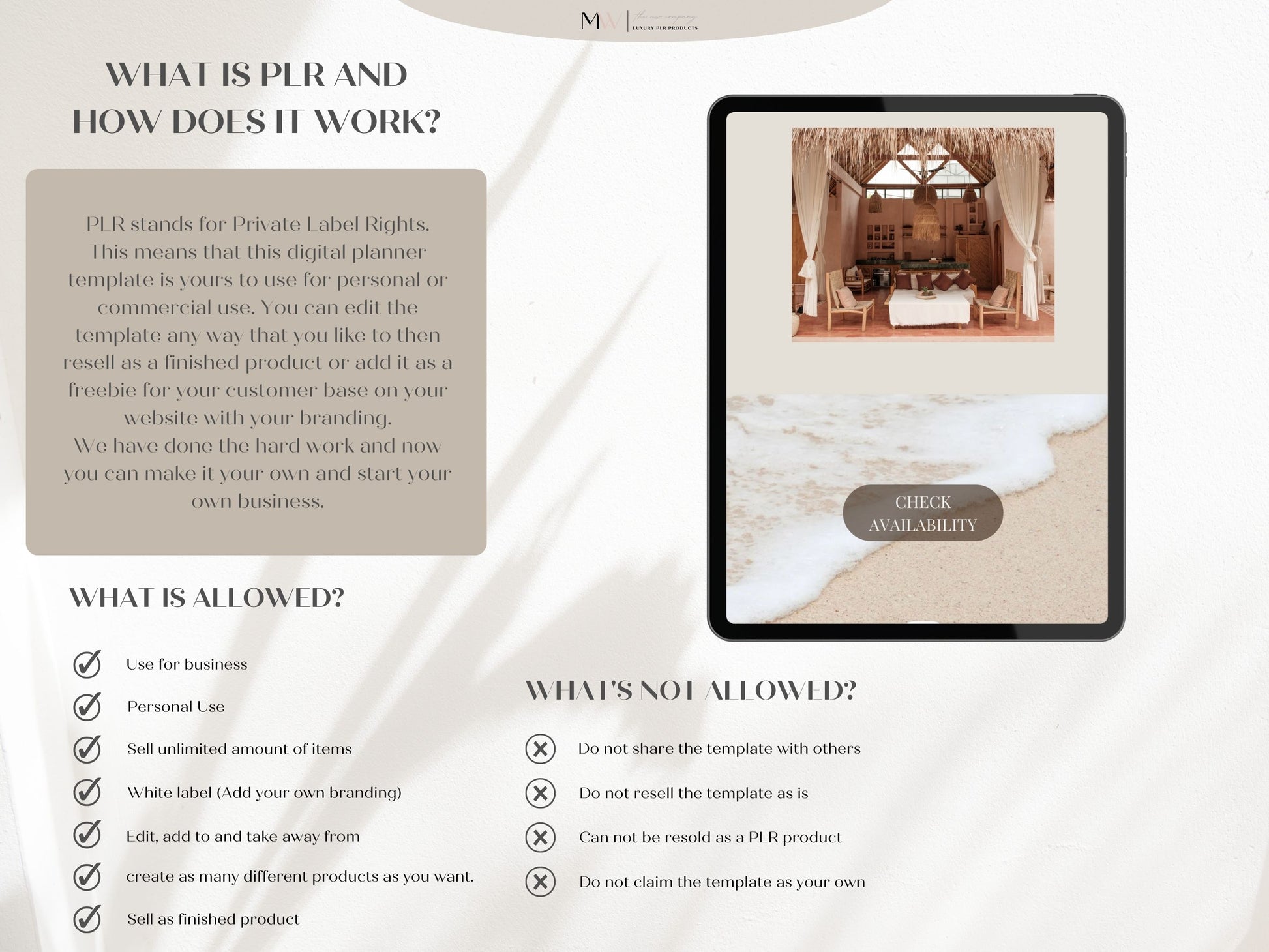 An Ipad displaying a Canva website template for vacation rental businesses. It has a boho aesthetic.