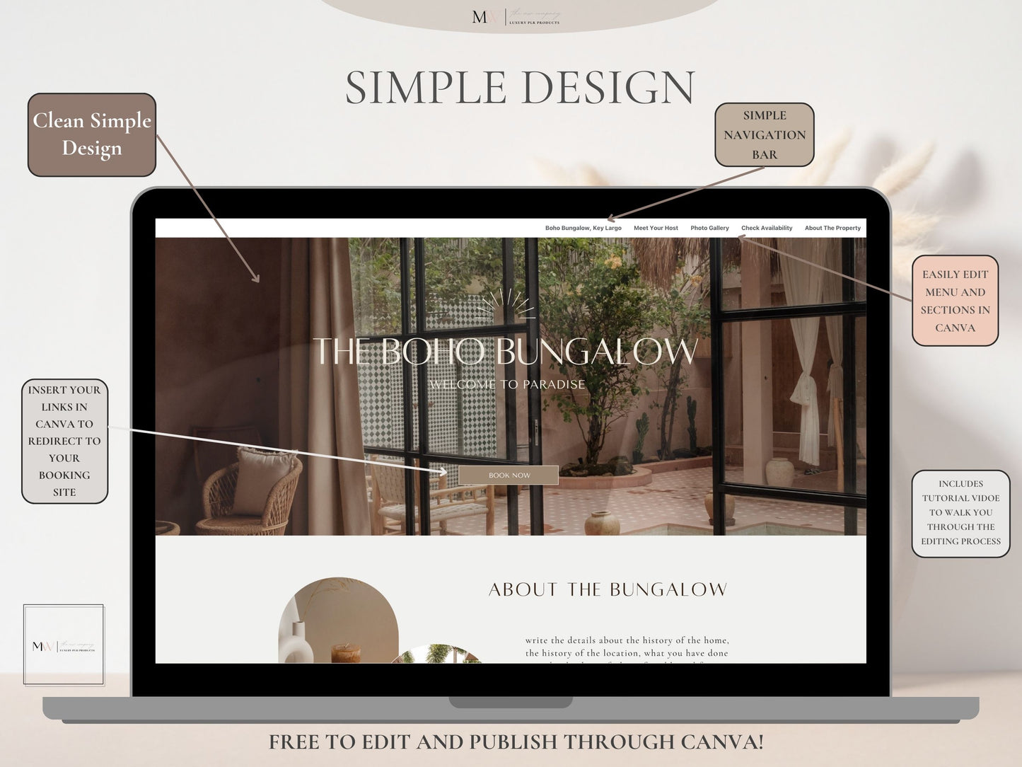 A laptop displaying a Canva website template for vacation rental businesses. It has a boho aesthetic.