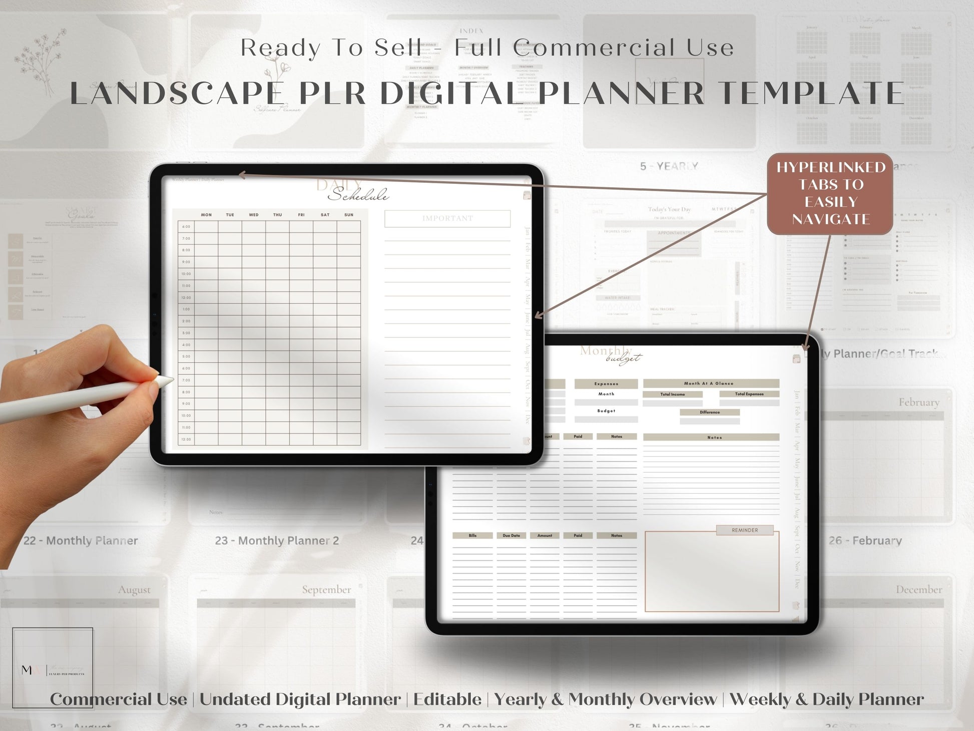 boho neutral tones digital self care planner show on an ipad using goodnotes. Made in canva. hyperlinked digital plr planner