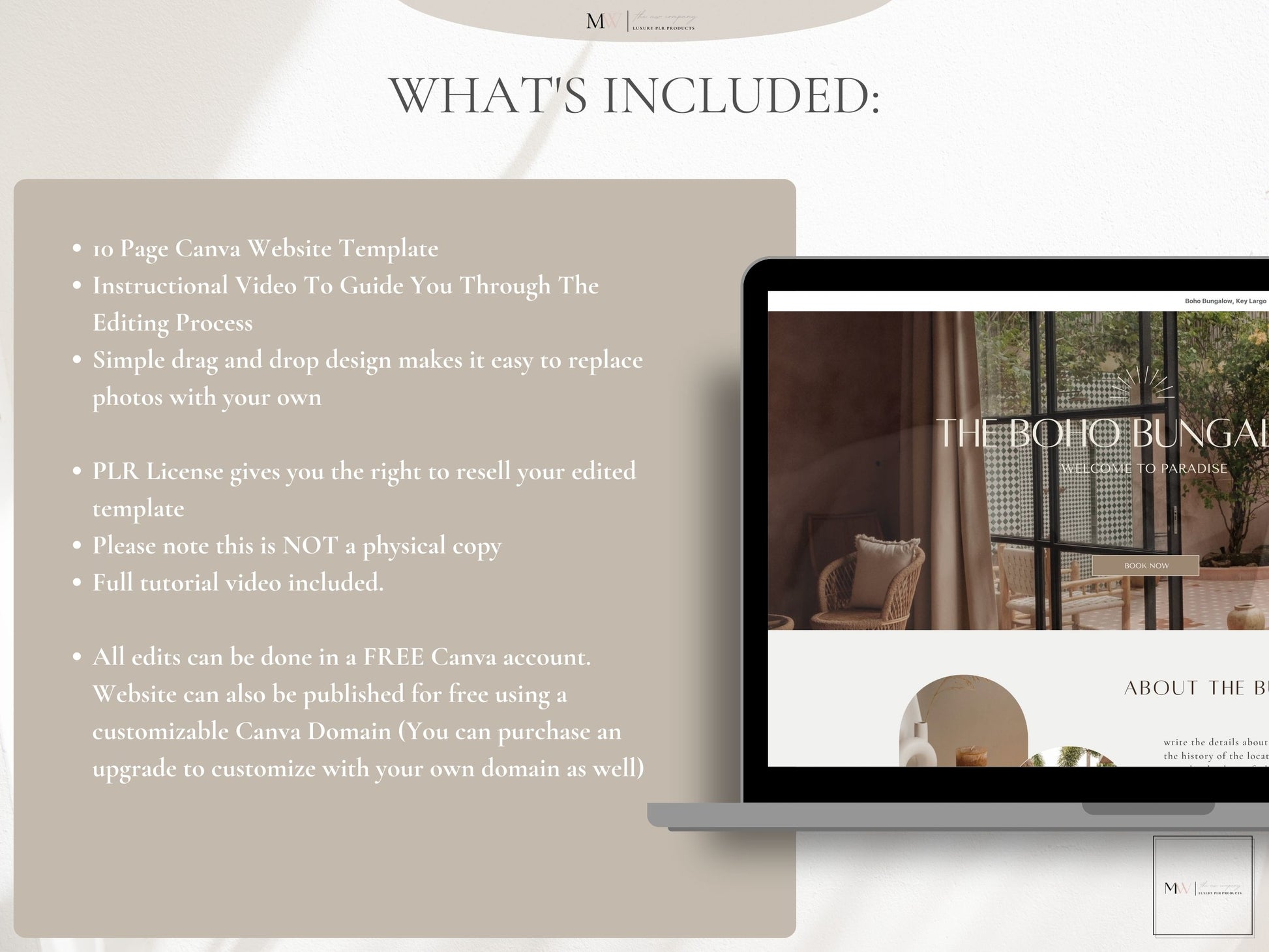 A laptop displaying a Canva website template for vacation rental businesses. It has a boho aesthetic.