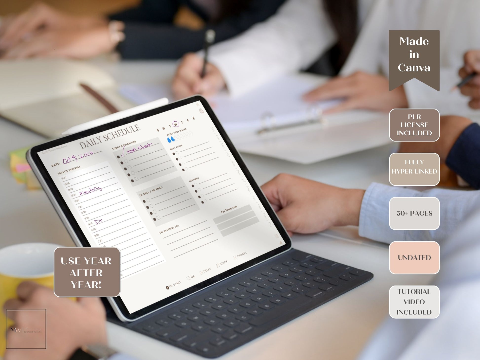 boho neutral tones digital self care planner show on an ipad using goodnotes. Made in canva.