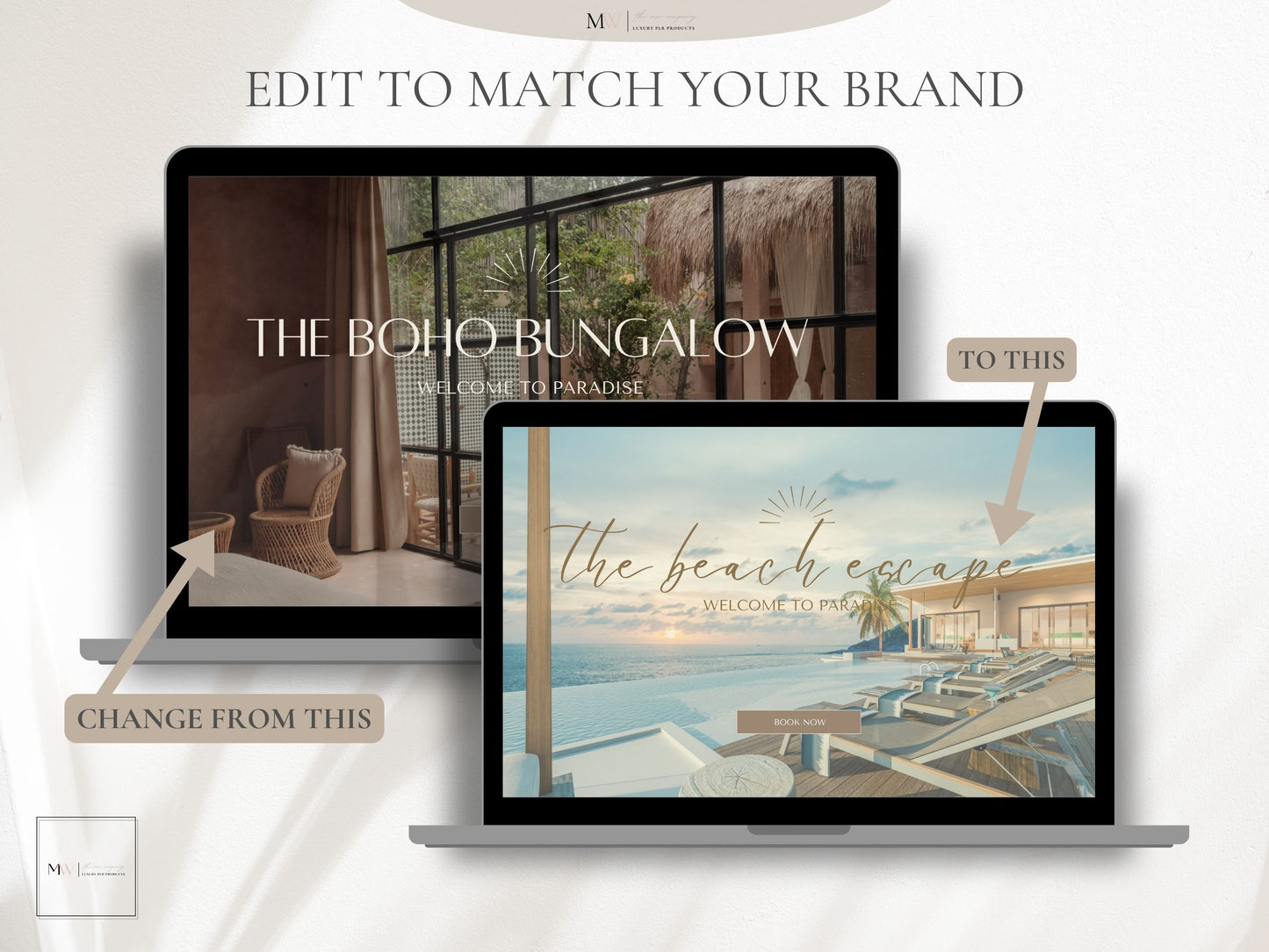 A laptop displaying a Canva website template for vacation rental businesses. It has a boho aesthetic.