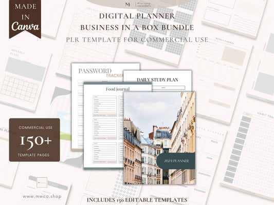 Businessin a box plr digital planner bundle. Done for you. Ready to sell. Sell as your own. The MW Company 2024 Digital Planner For Goodnotes