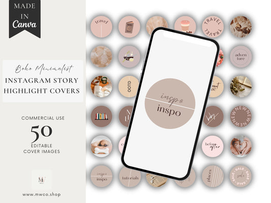 50 Boho Minimalist Instagram Highlight Icons PLR | Nude Story Instagram Canva Template| Neutral Instagram Highlight Covers| Commercial Use