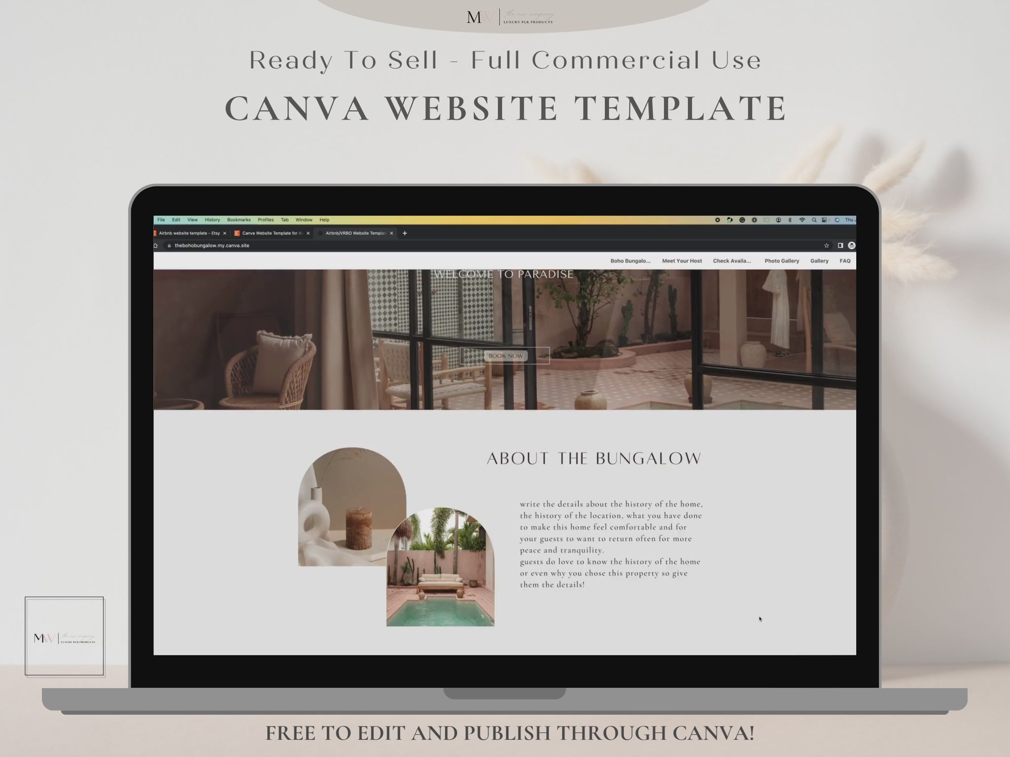 A laptop displaying a Canva website template for vacation rental businesses. It has a boho aesthetic.